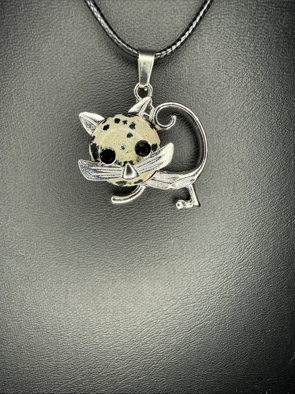 Silver Tone Cat Pendant w/ Dalmatian Jasper Stone w/ Black Necklace NEW